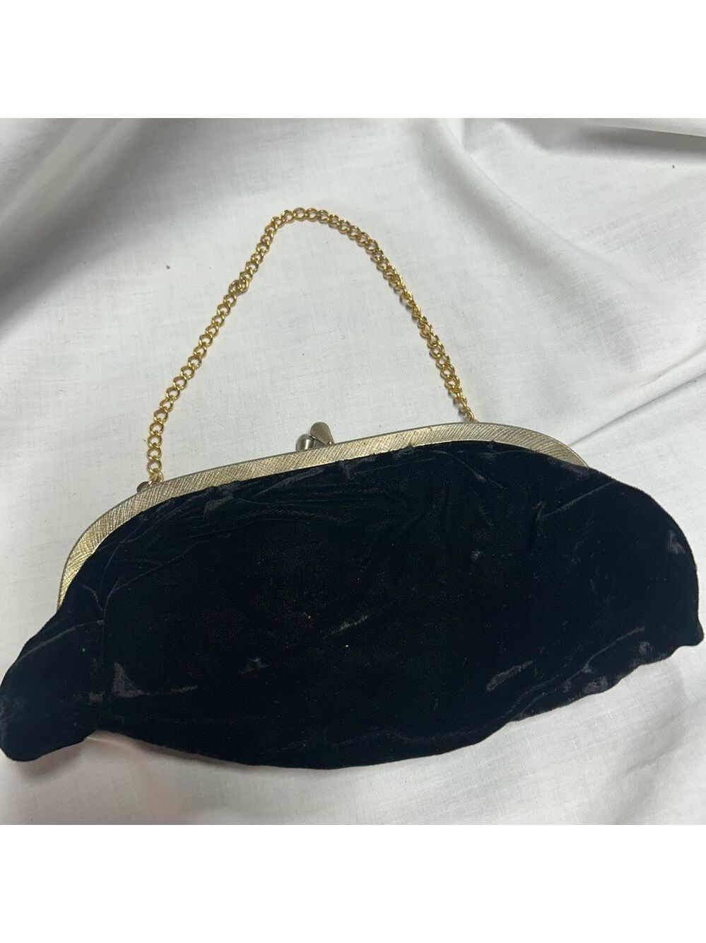 Vintage Black Velvet Purse Gold Color Strap 1960s Evening Bag - Picture 10 of 10